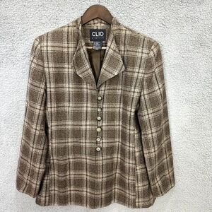 Clio Suit Brown Plaid Blazer Size 12 Academia Retro Button Career Preppy Vintage
